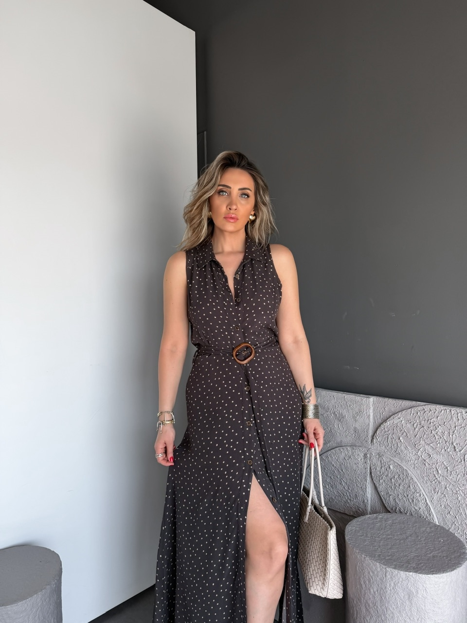 Kahve Puantiyeli Kemerli Maxi Elbise