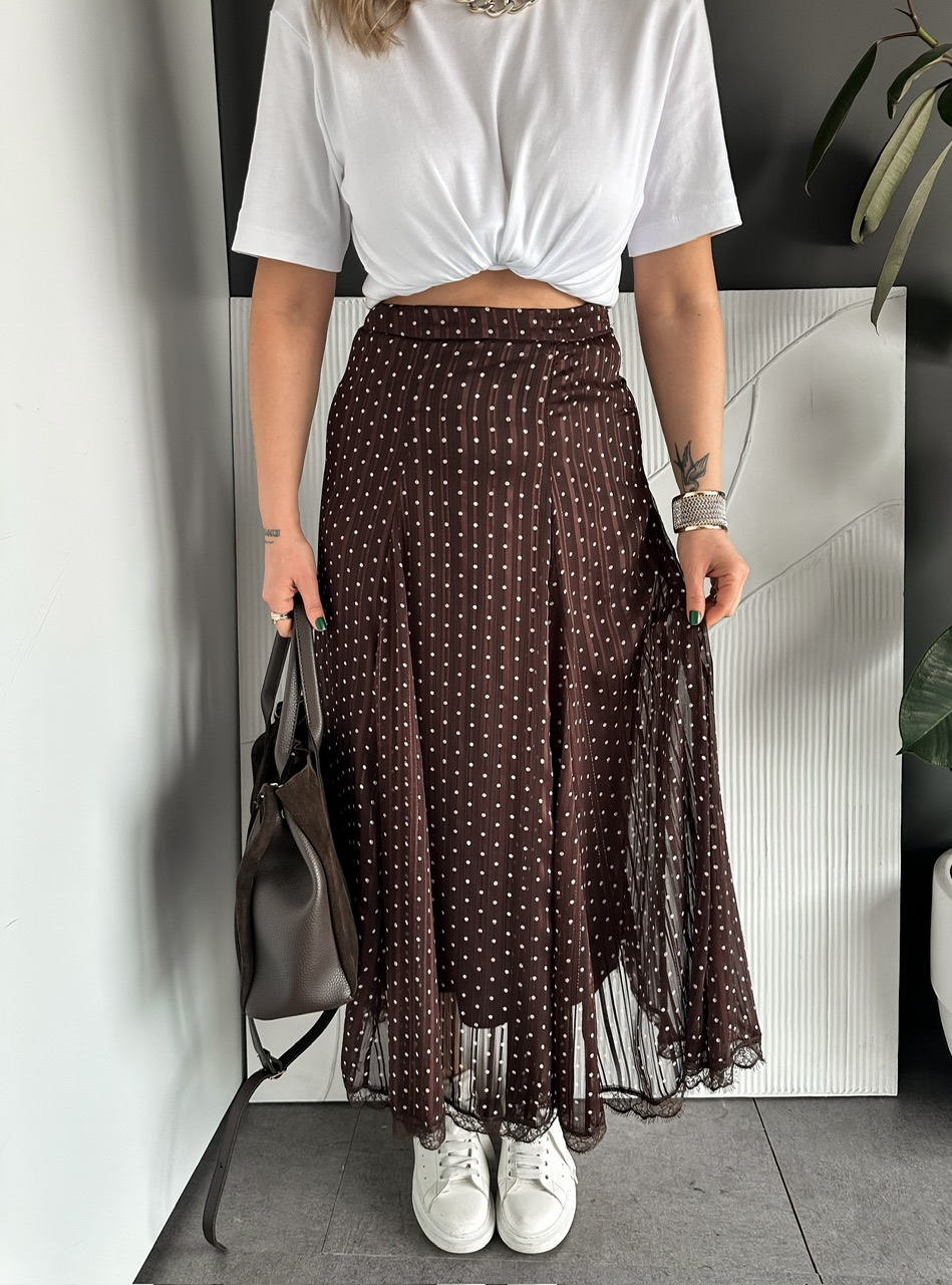 Kahve Puantiyeli Pileli Şifon Etek