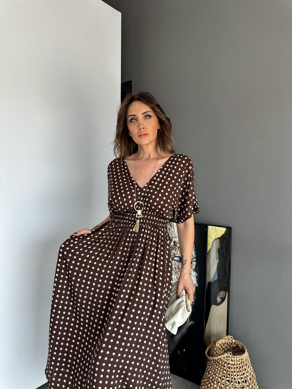 Kahve Puantiyeli Yarasa Kol Elbise 