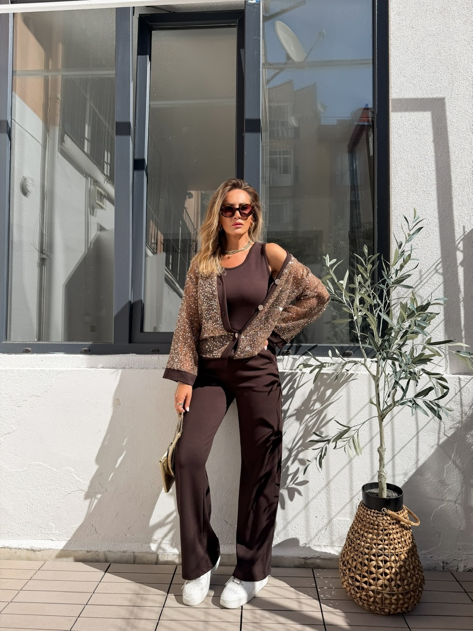 Kahve Pullu Hırka 3'Lü Takım