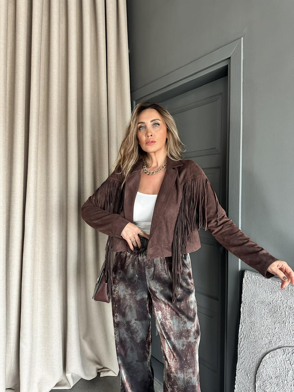 Kahve Püsküllü Premium Süet Ceket