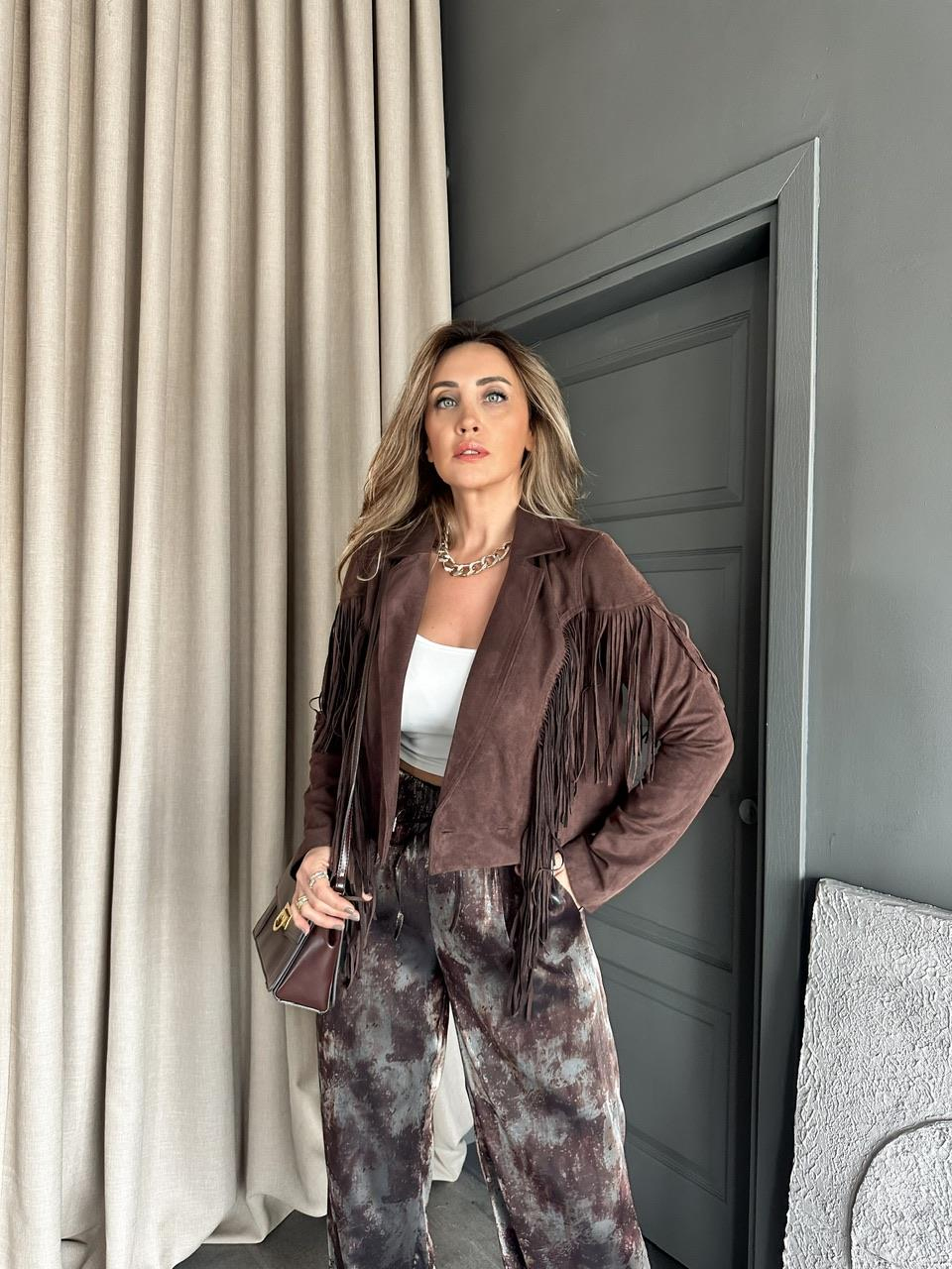 Kahve Püsküllü Premium Süet Ceket