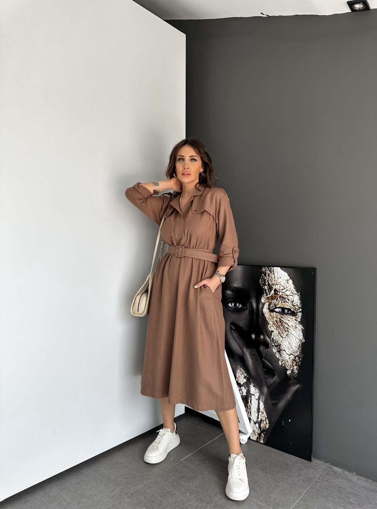 Kahve Safari Beli Kemerli Keten Elbise