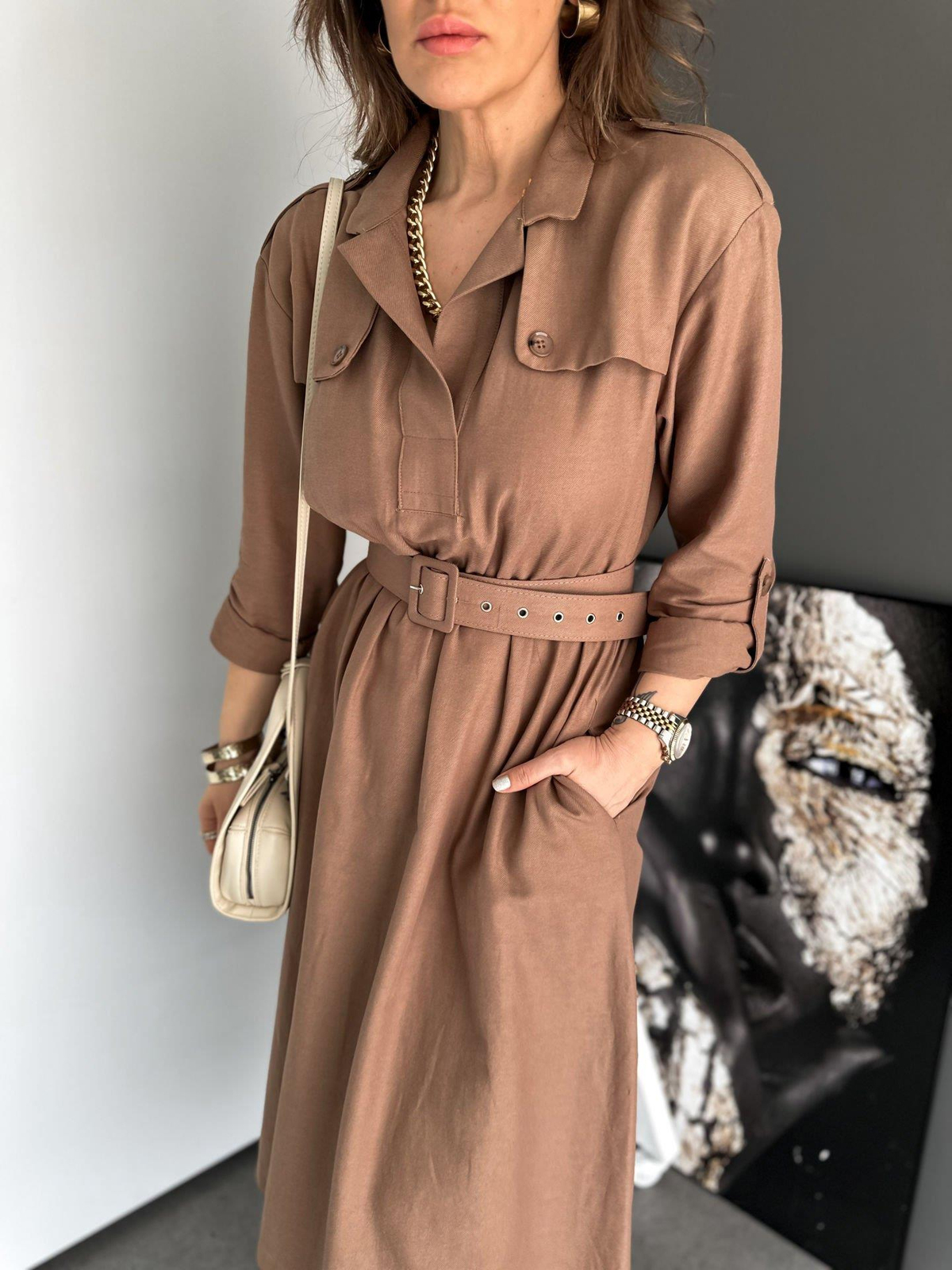 Kahve Safari Beli Kemerli Keten Elbise