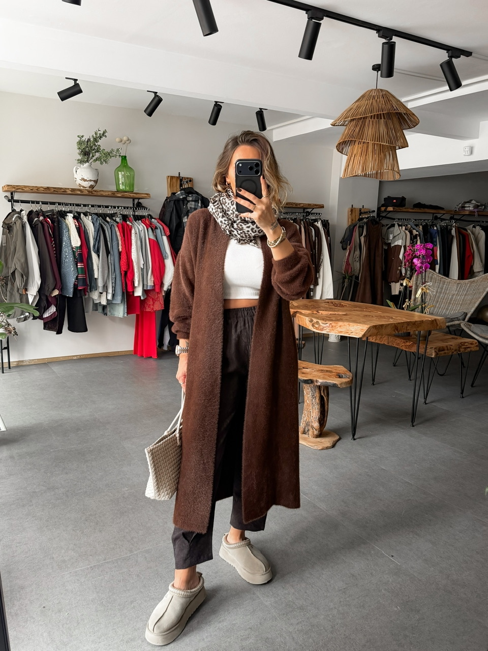 Kahve Şal Yaka Angora Uzun Hırka