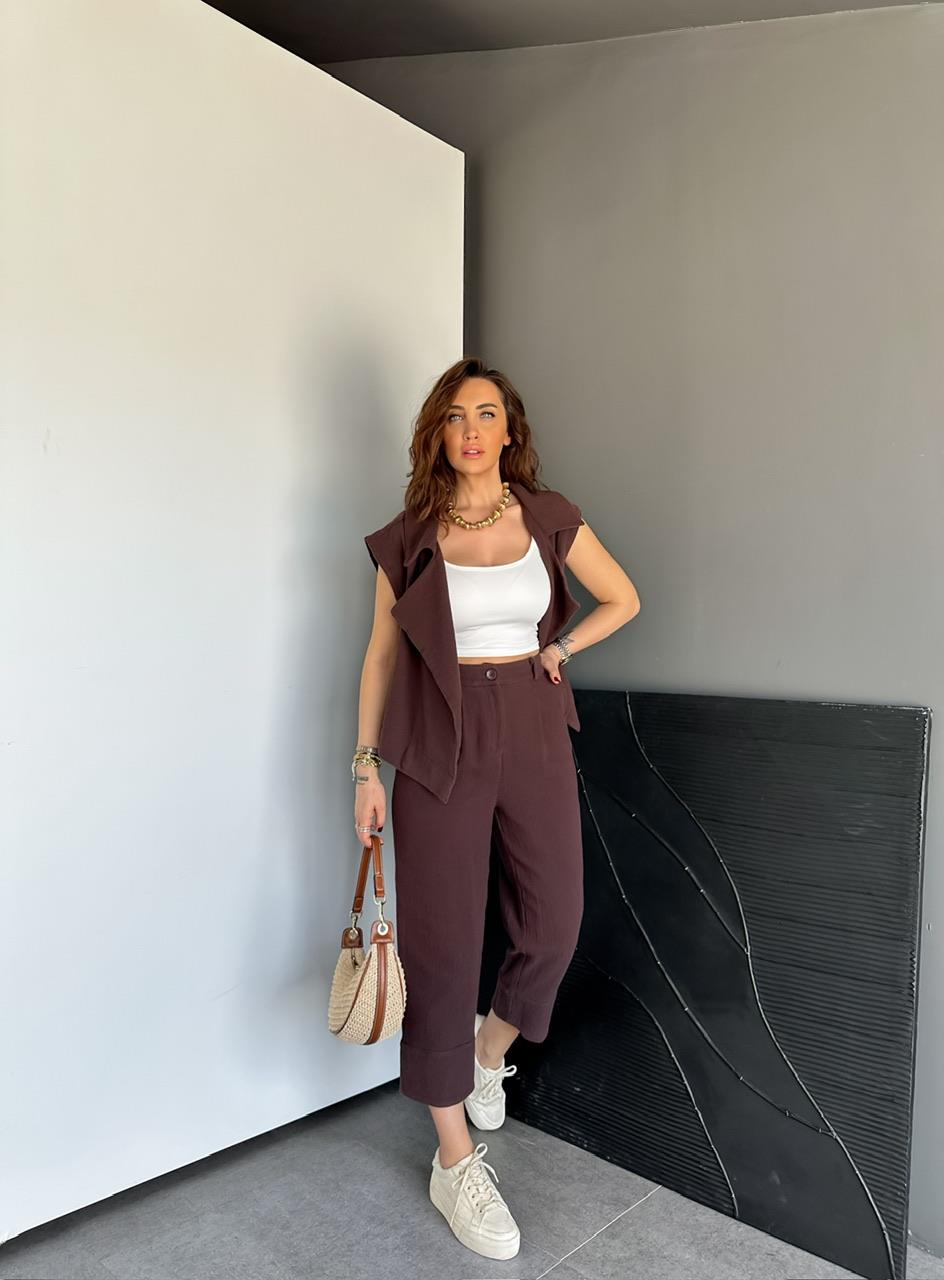 Kahve Şal Yaka Yelekli Keten Takım