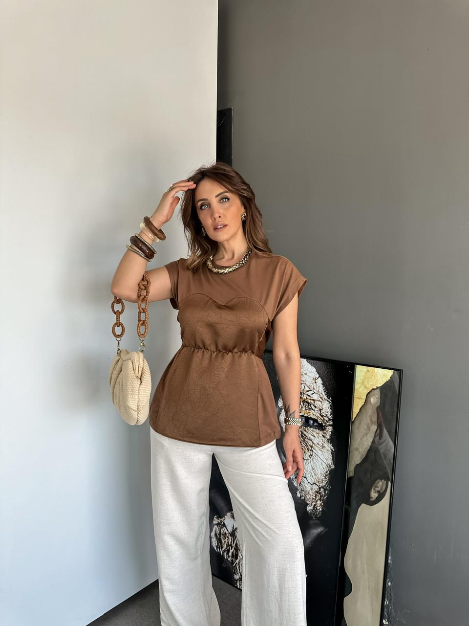 Kahve Saten Parçalı Bağlamalı Bluz