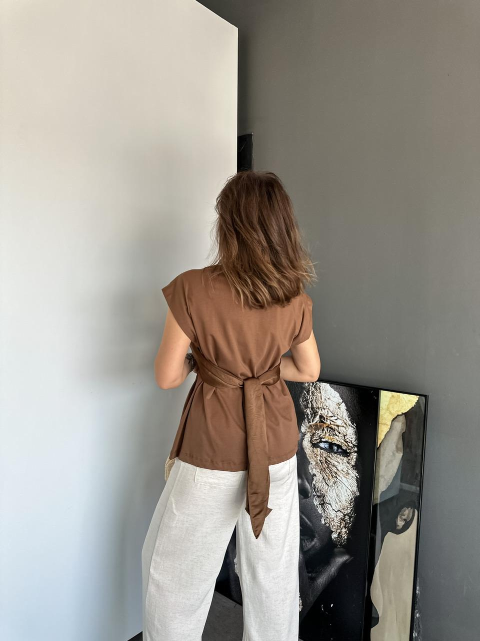 Kahve Saten Parçalı Bağlamalı Bluz