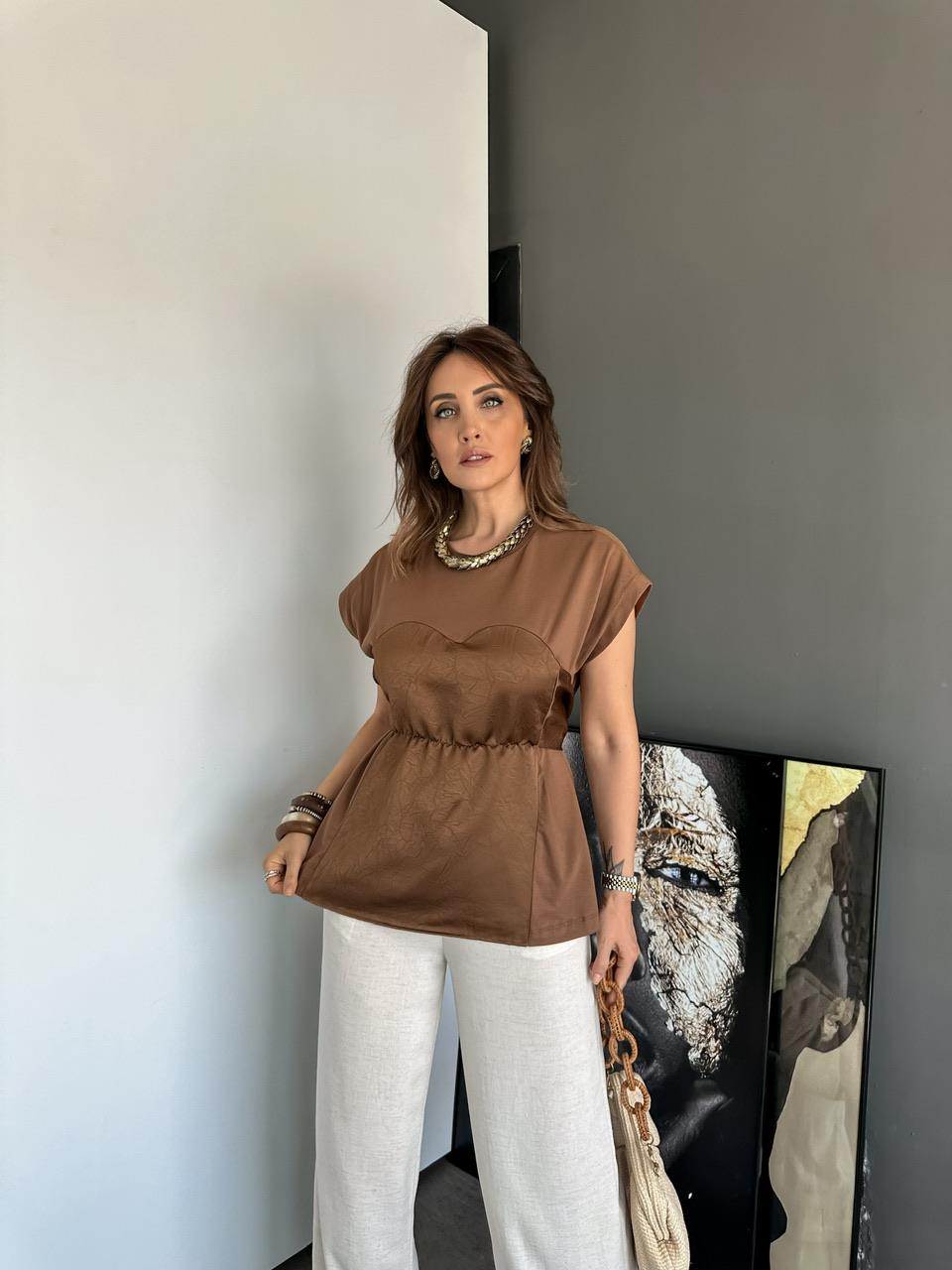 Kahve Saten Parçalı Bağlamalı Bluz
