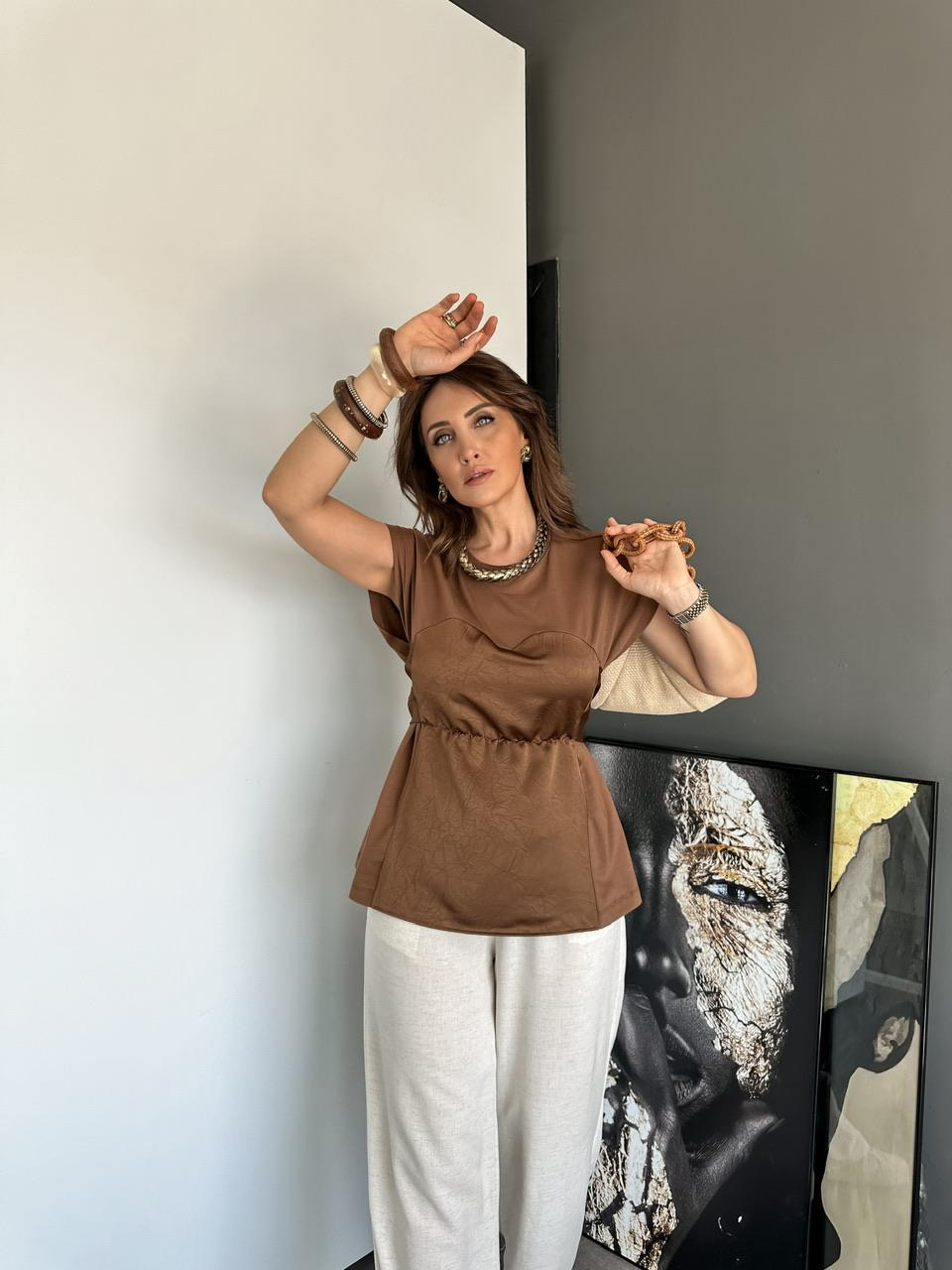Kahve Saten Parçalı Bağlamalı Bluz