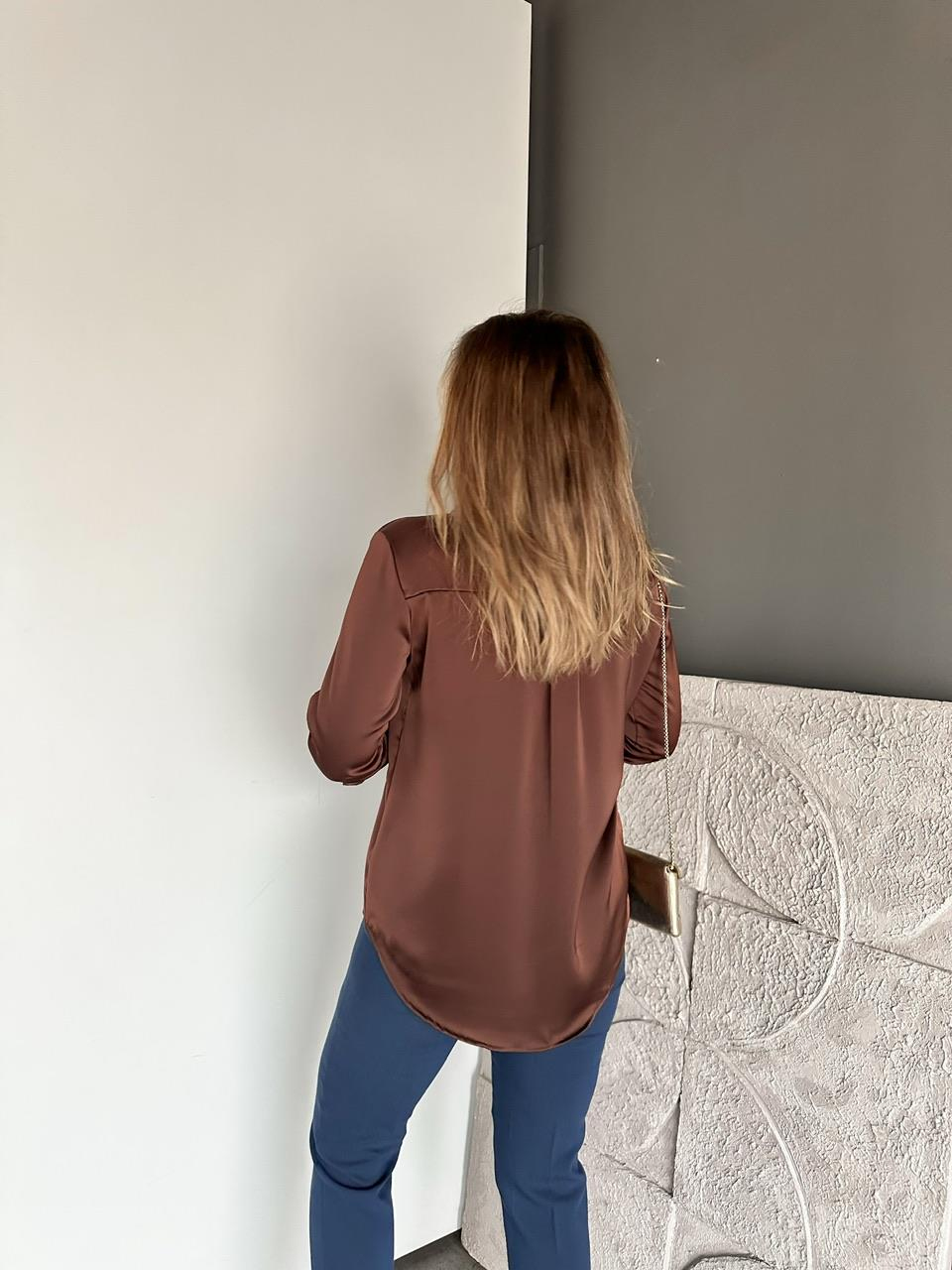 Kahve Saten Sedef Düğmeli Tok Gömlek