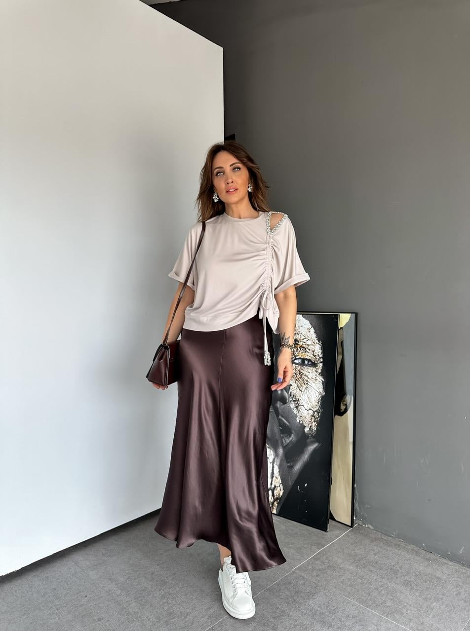 kahve Saten Volanlı Etek 