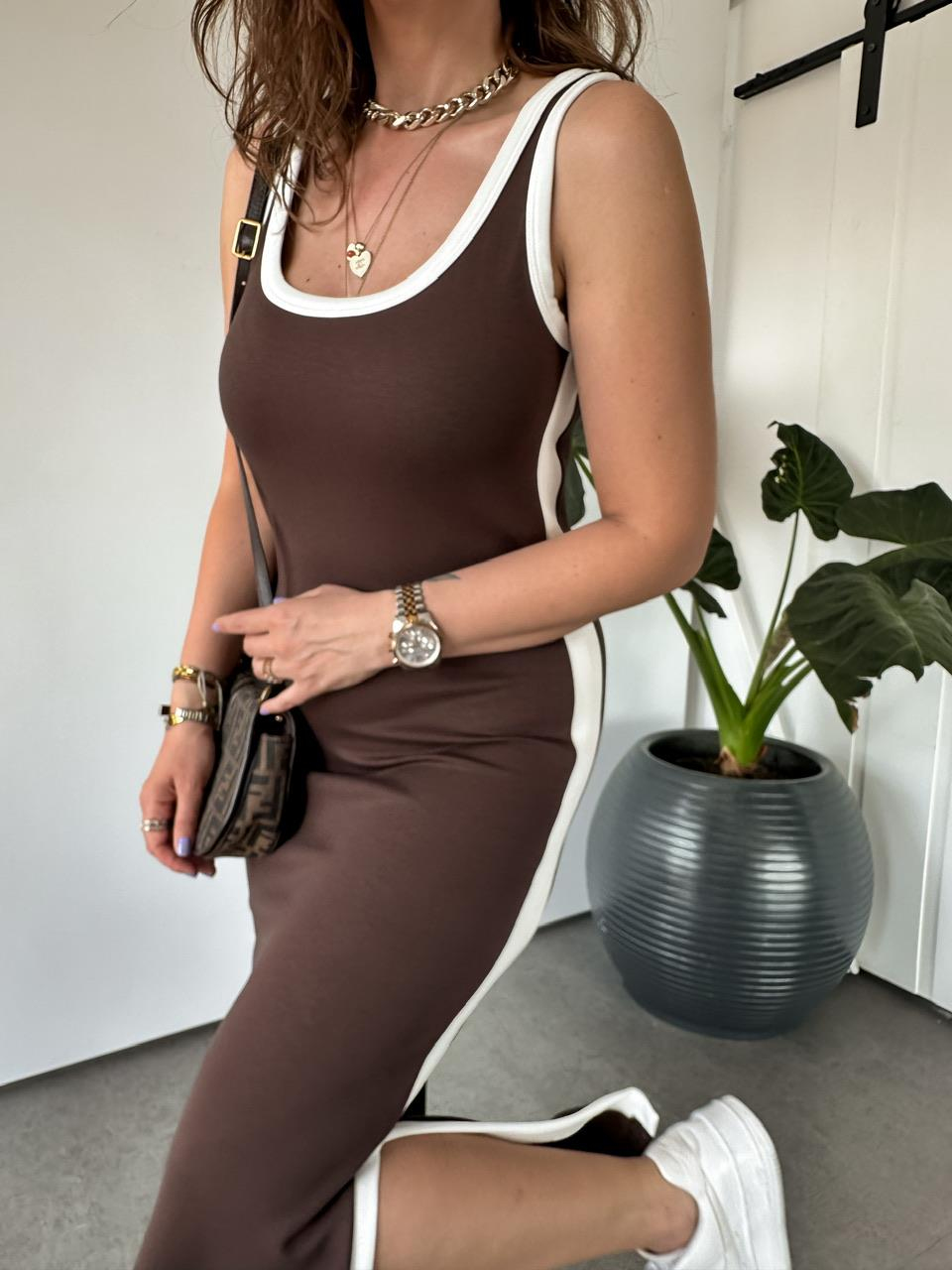 Kahve Şeritli Askılı Coton Elbise