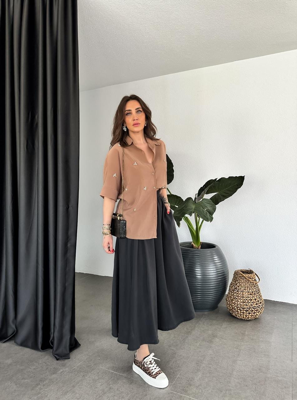 Kahve Serpme Taşlı Model Gömlek