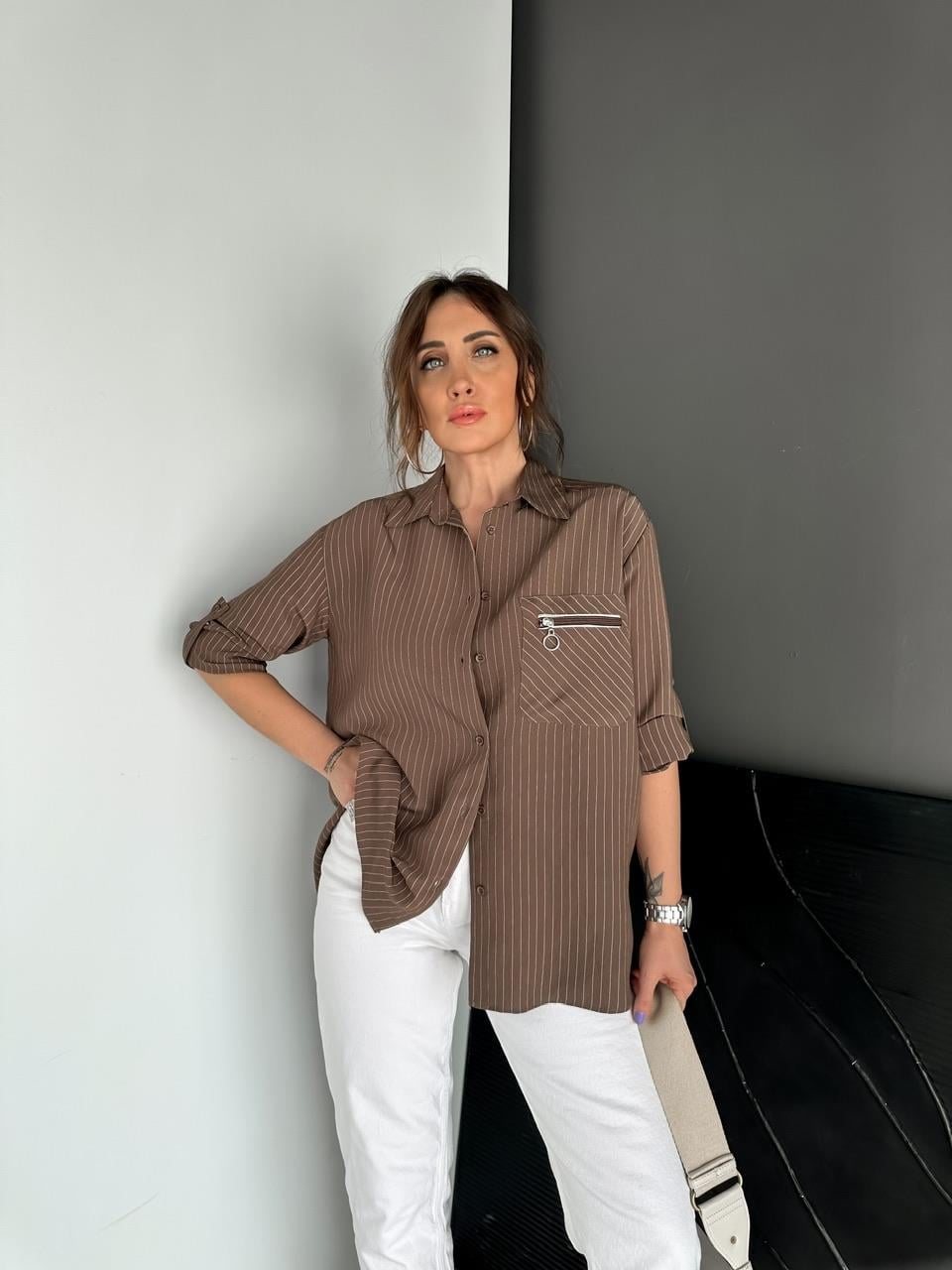 Kahve Sırtı Fermuarlı Çizgili Gömlek
