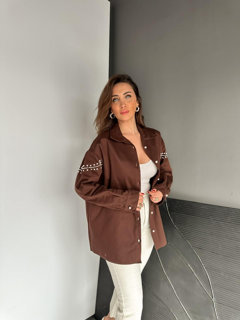 Kahve Sırtı İnci Ve Taş İşlemeli Ceket