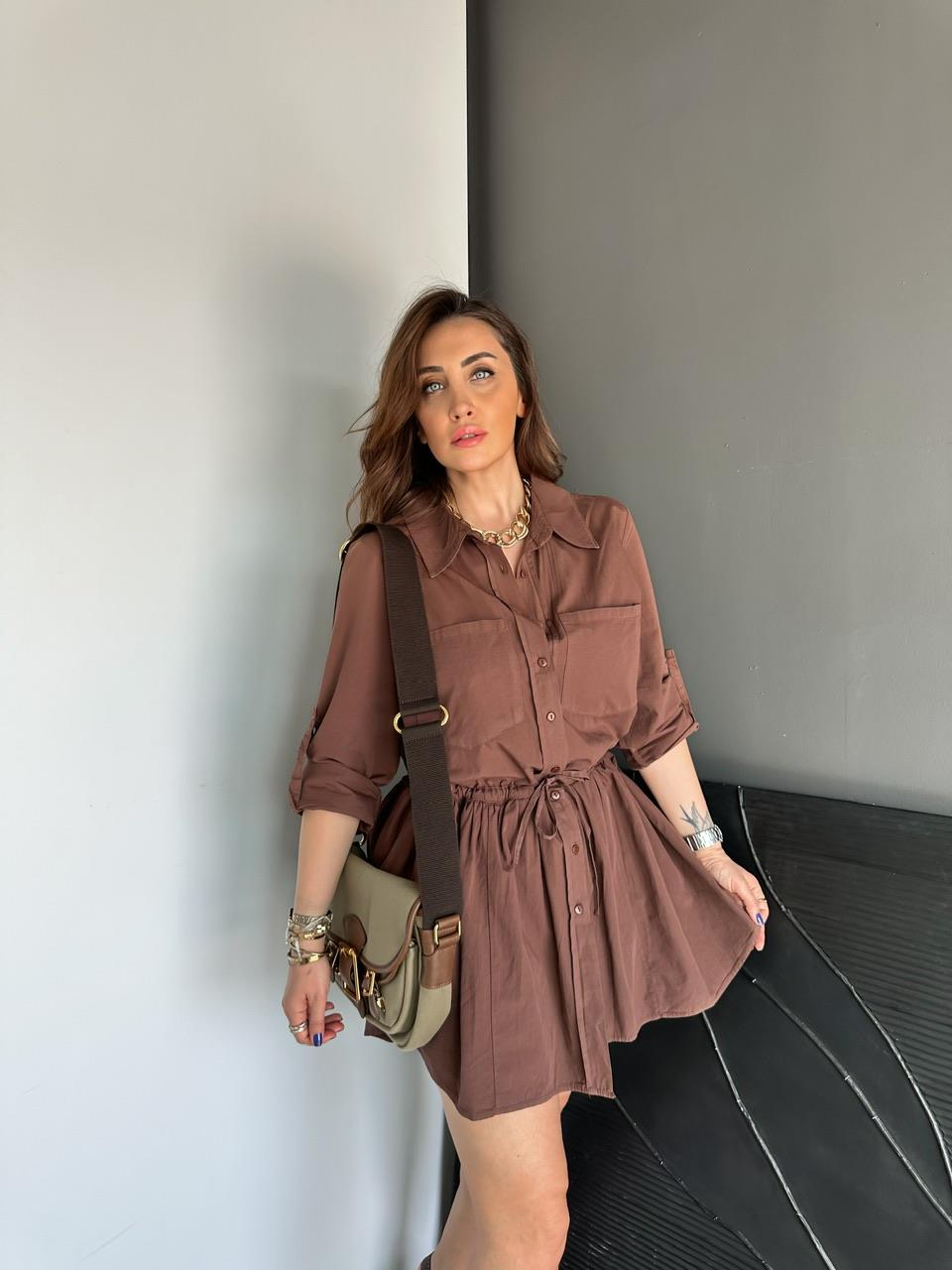 Kahve Şortlu Gömlek Elbise