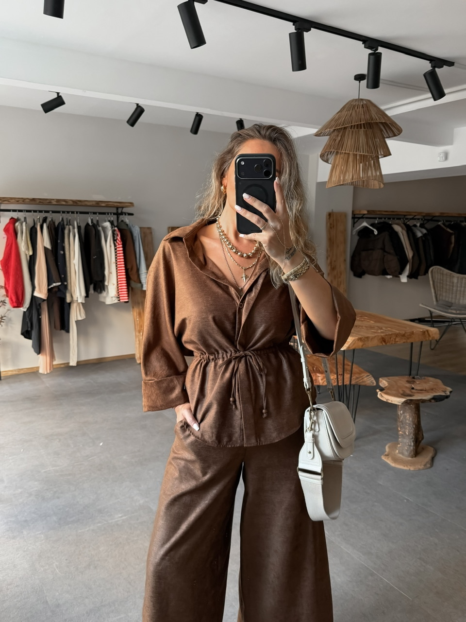 Kahve Süet Dokulu Beli Büzgü İpli Takım