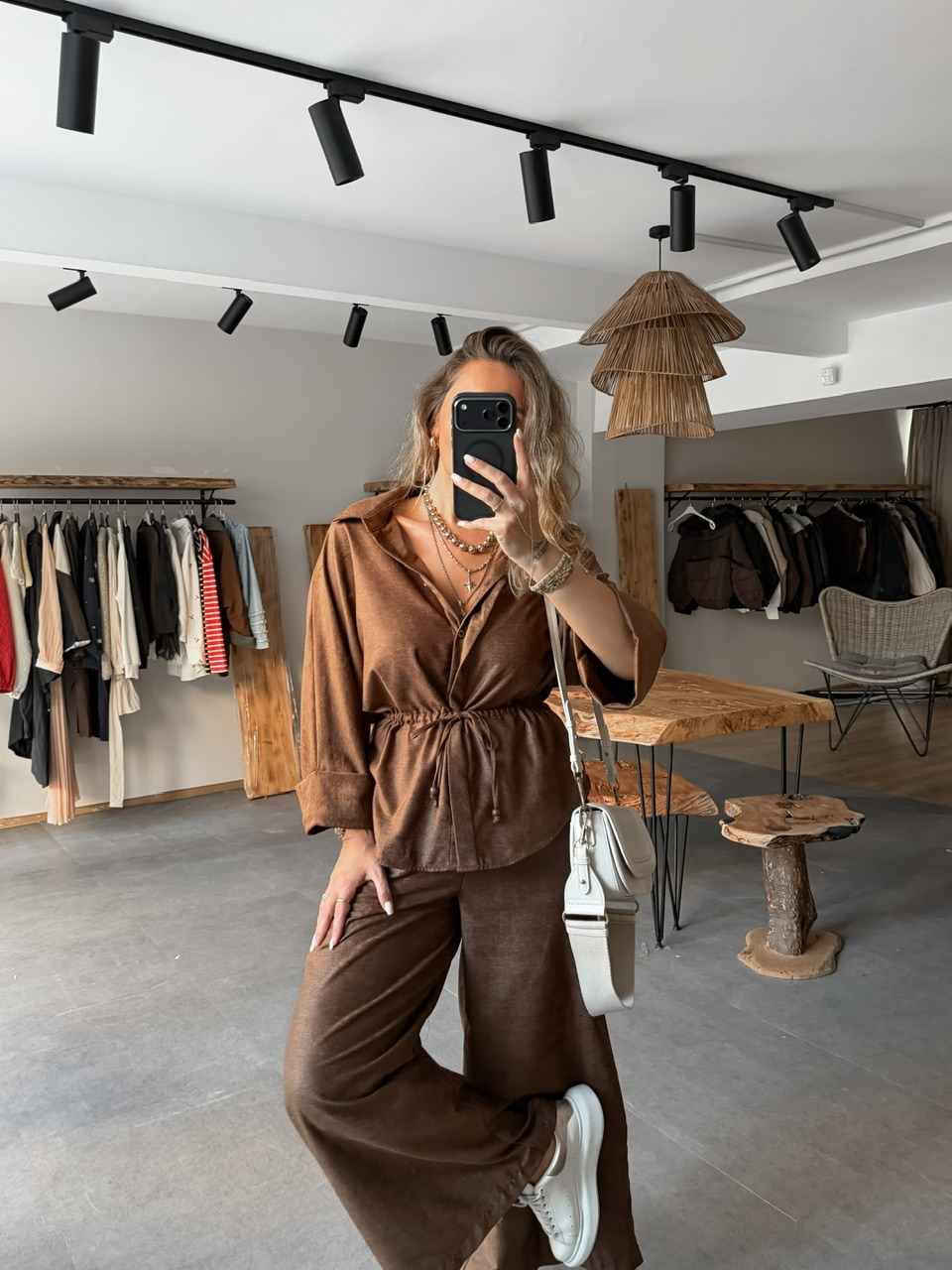 Kahve Süet Dokulu Beli Büzgü İpli Takım