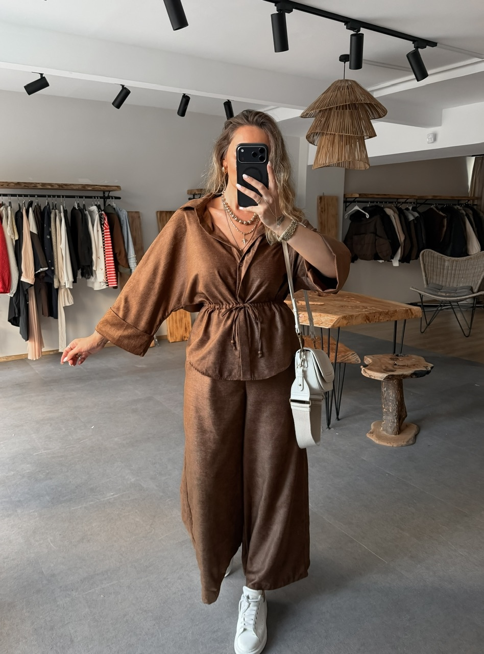 Kahve Süet Dokulu Beli Büzgü İpli Takım