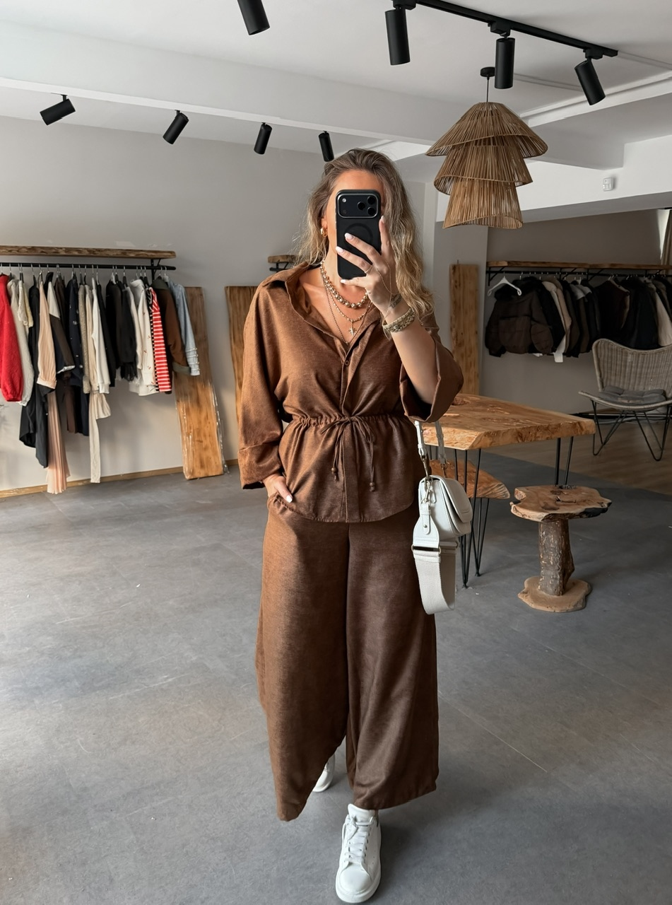 Kahve Süet Dokulu Beli Büzgü İpli Takım