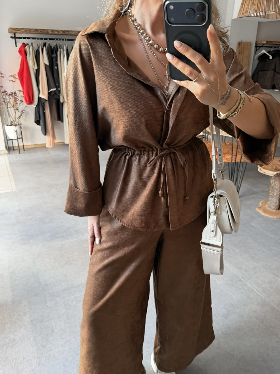Kahve Süet Dokulu Beli Büzgü İpli Takım