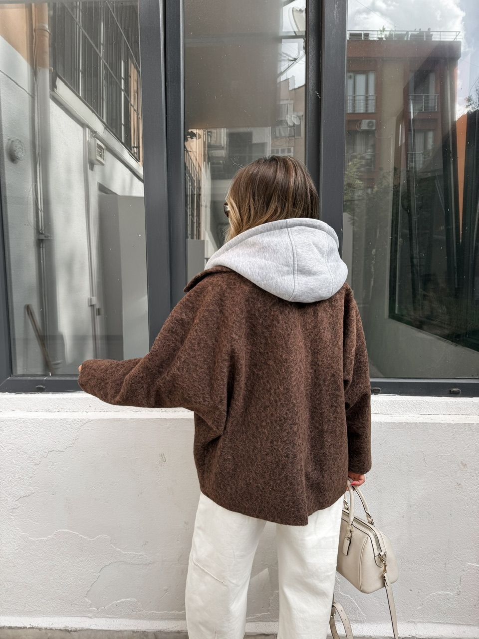 Kahve Sweat Detaylı Kapşonlu Kaban