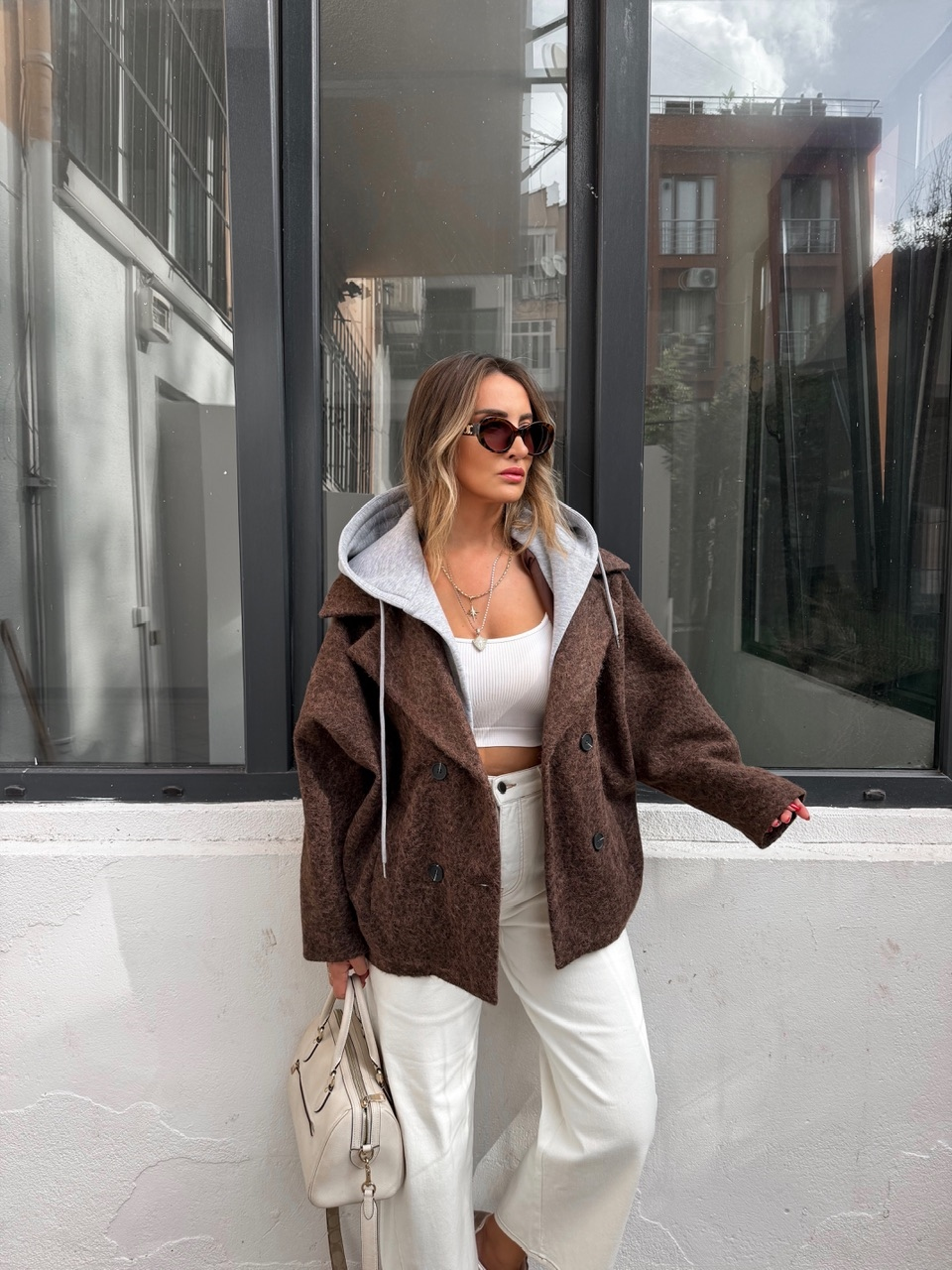 Kahve Sweat Detaylı Kapşonlu Kaban