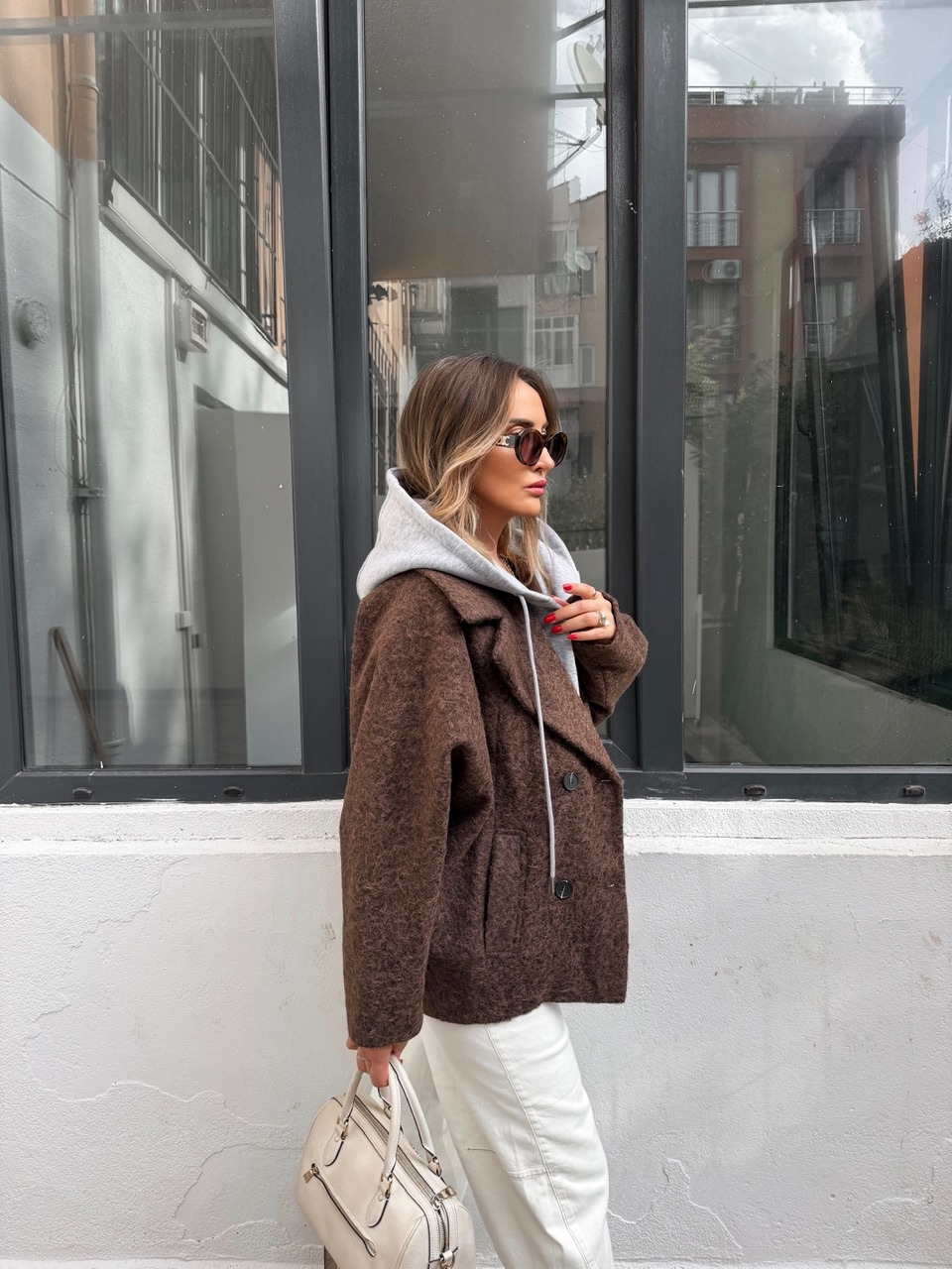Kahve Sweat Detaylı Kapşonlu Kaban