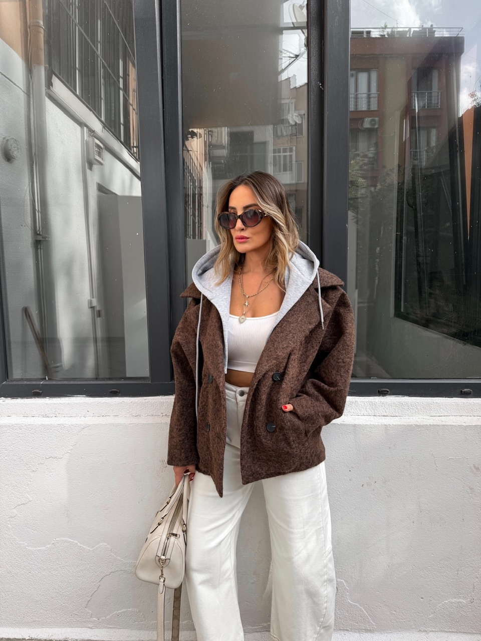 Kahve Sweat Detaylı Kapşonlu Kaban