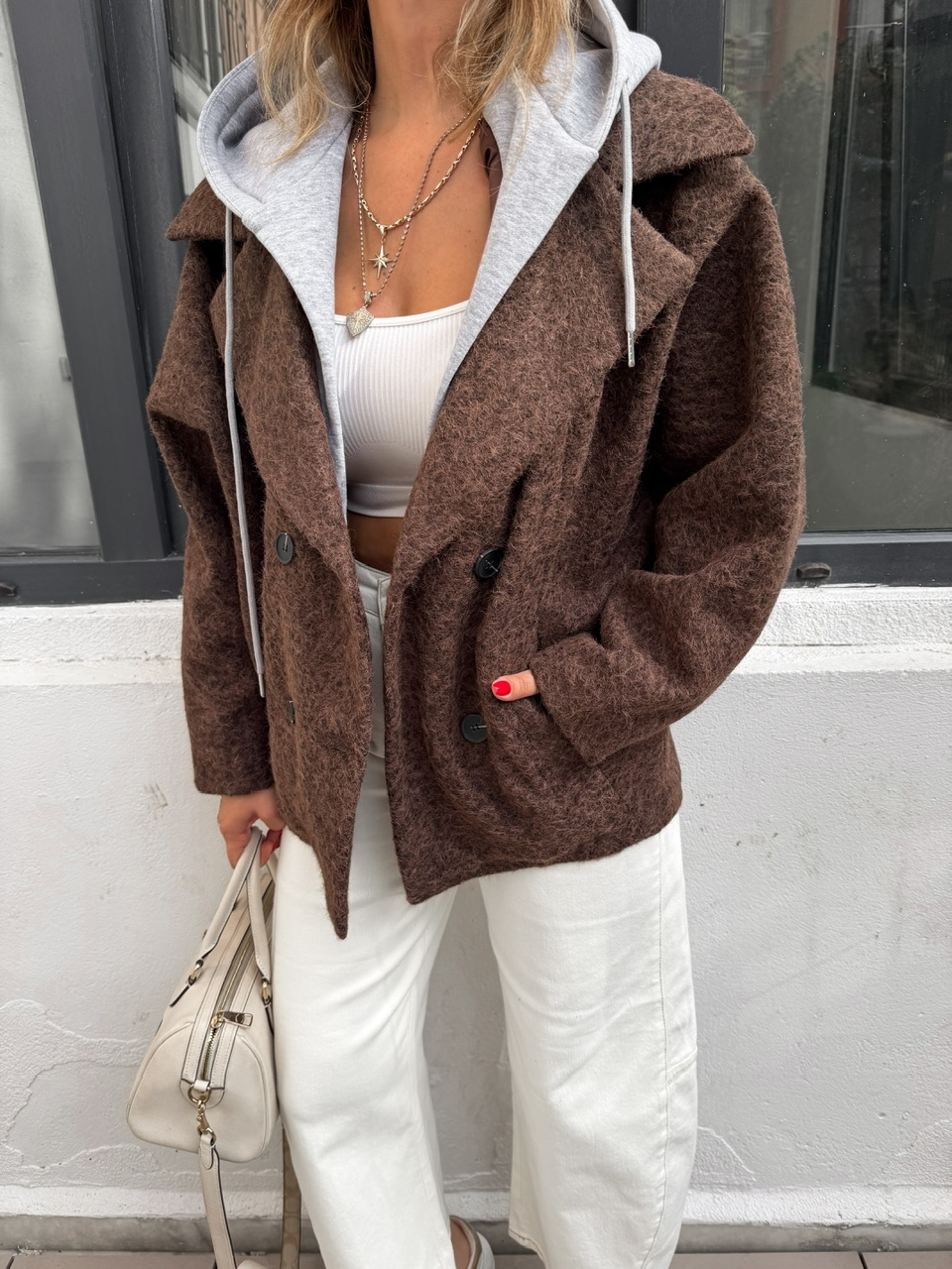 Kahve Sweat Detaylı Kapşonlu Kaban