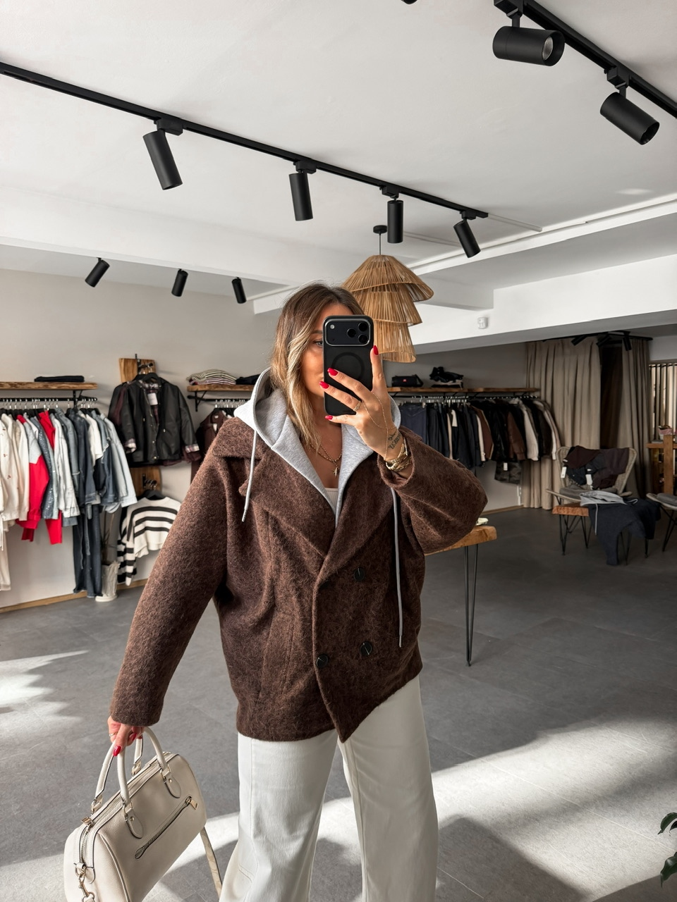 Kahve Sweat Detaylı Kapşonlu Kaban