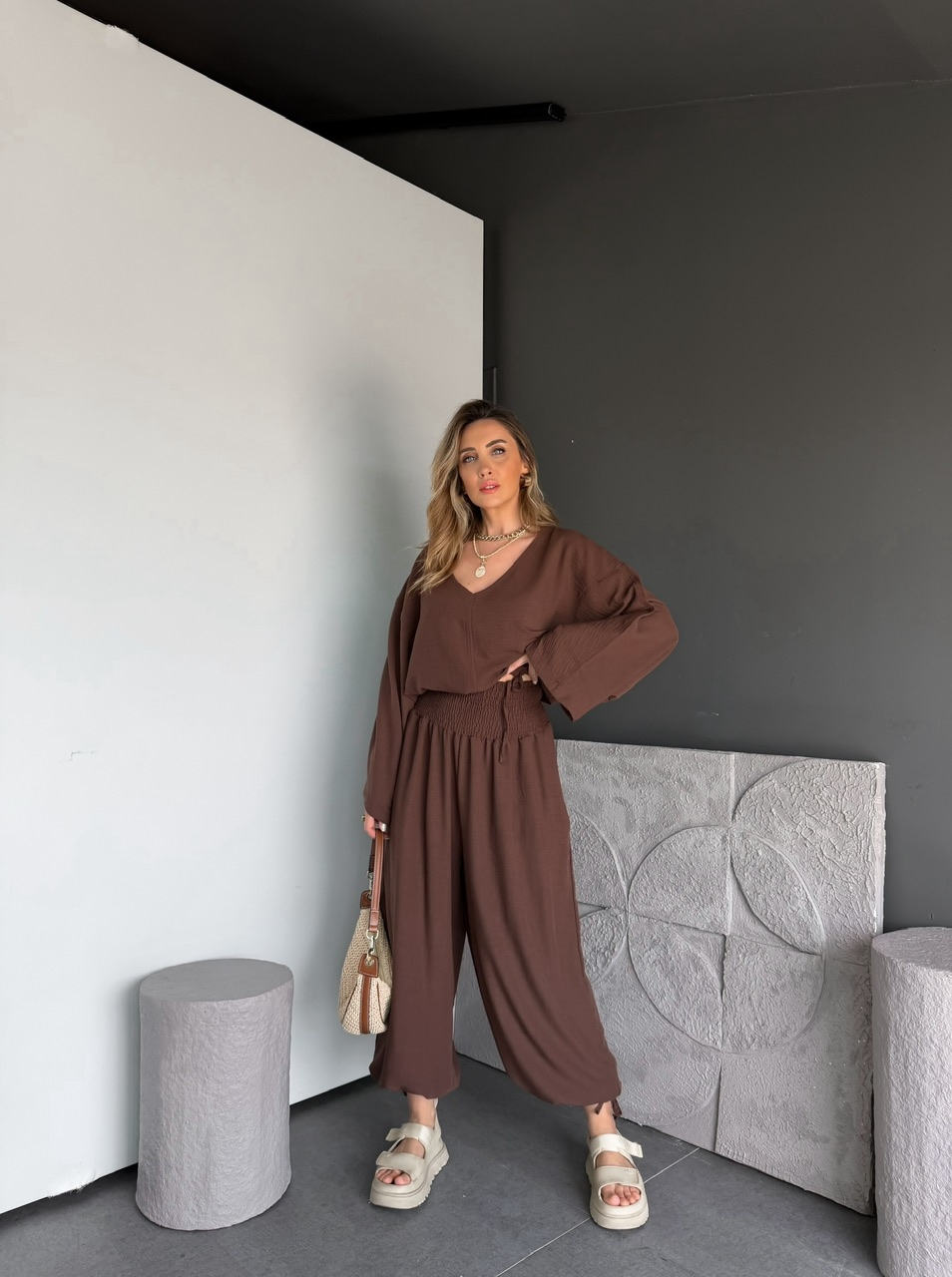 Kahve Tasarım Şalvarlı Keten Takım