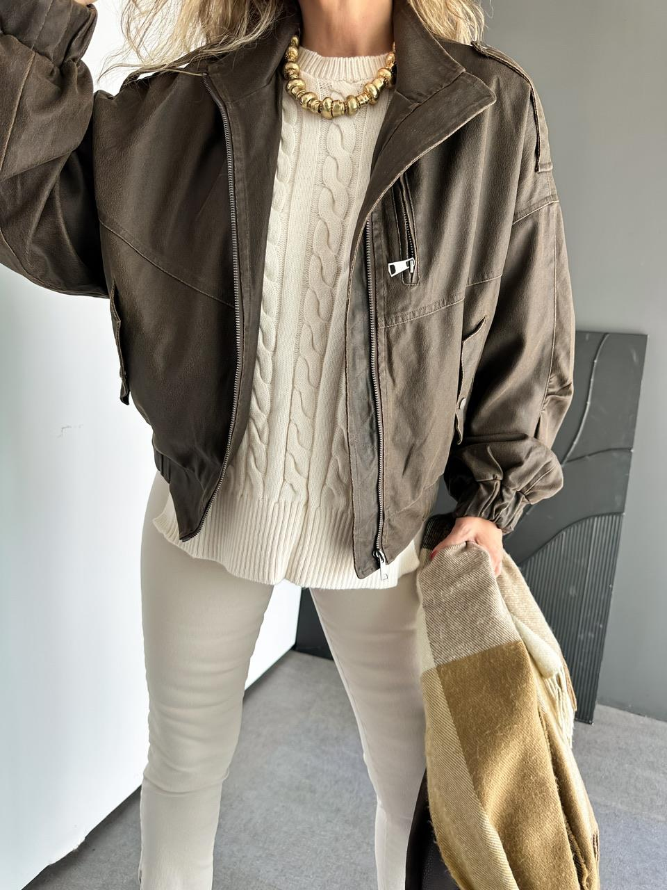 Kahve Taşlanmış Premium Bomber Ceket
