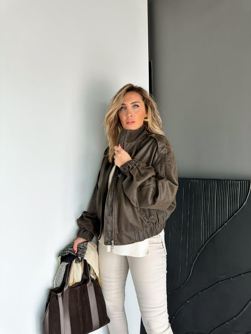 Kahve Taşlanmış Premium Bomber Ceket