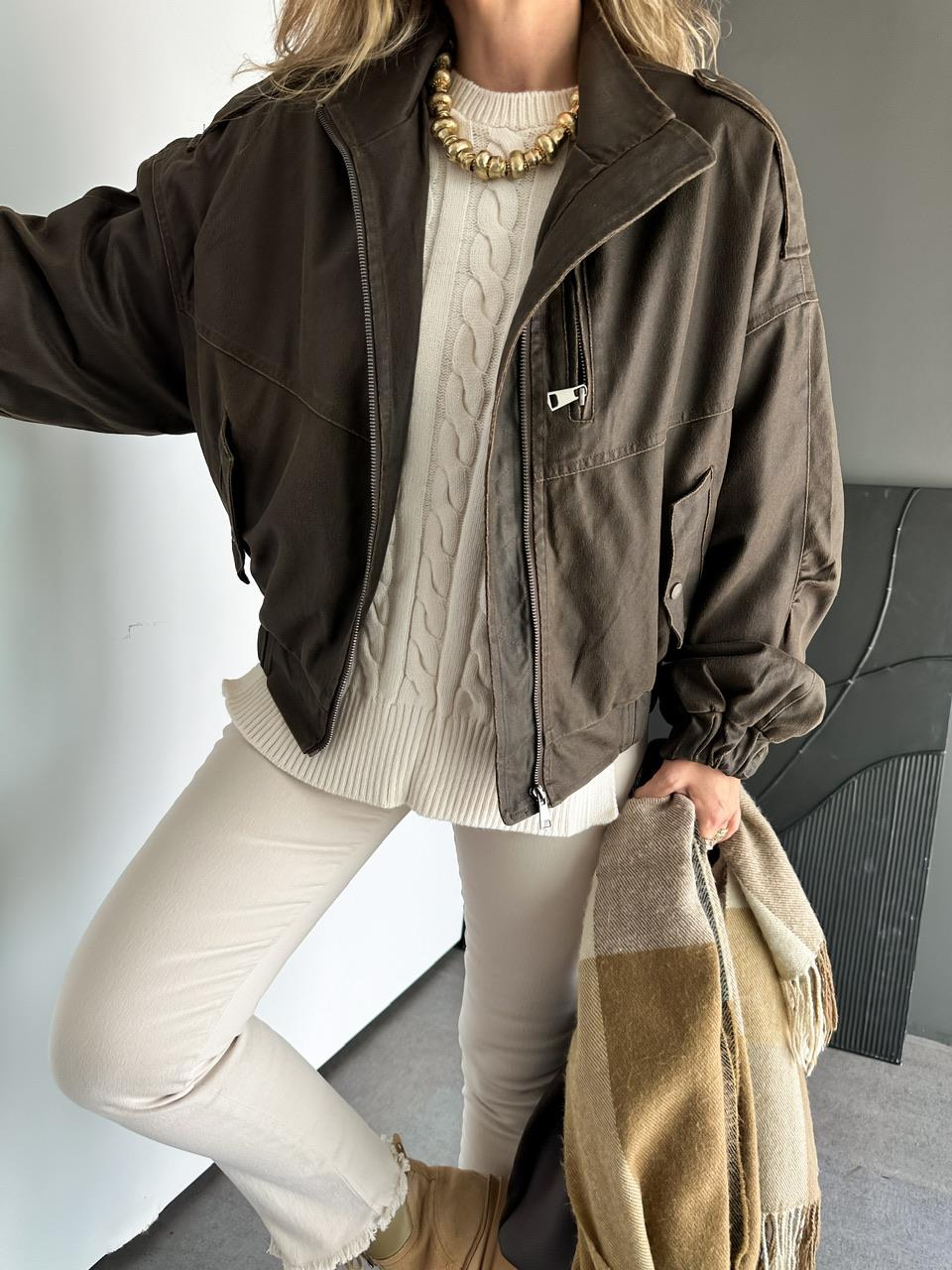 Kahve Taşlanmış Premium Bomber Ceket