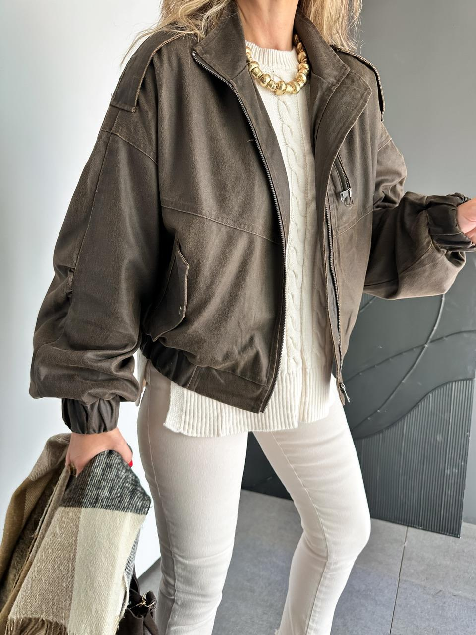 Kahve Taşlanmış Premium Bomber Ceket