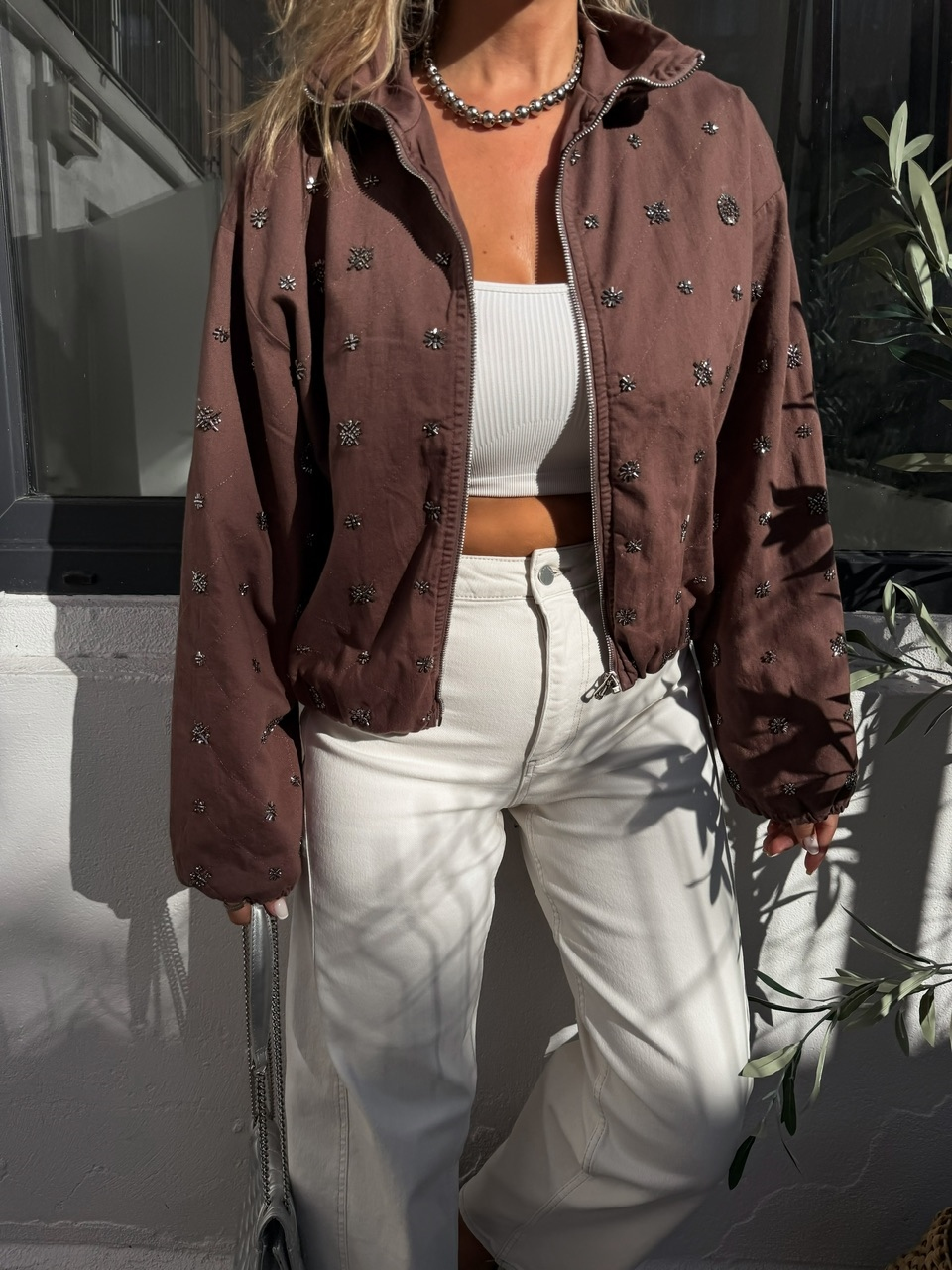 Kahve Taşlı Bomber Denim Ceket