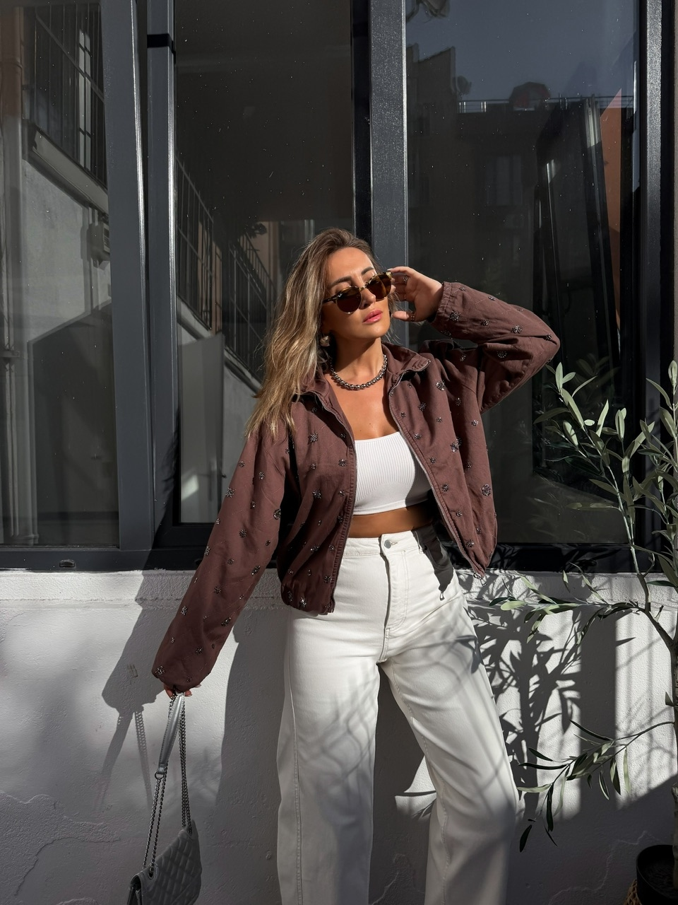 Kahve Taşlı Bomber Denim Ceket