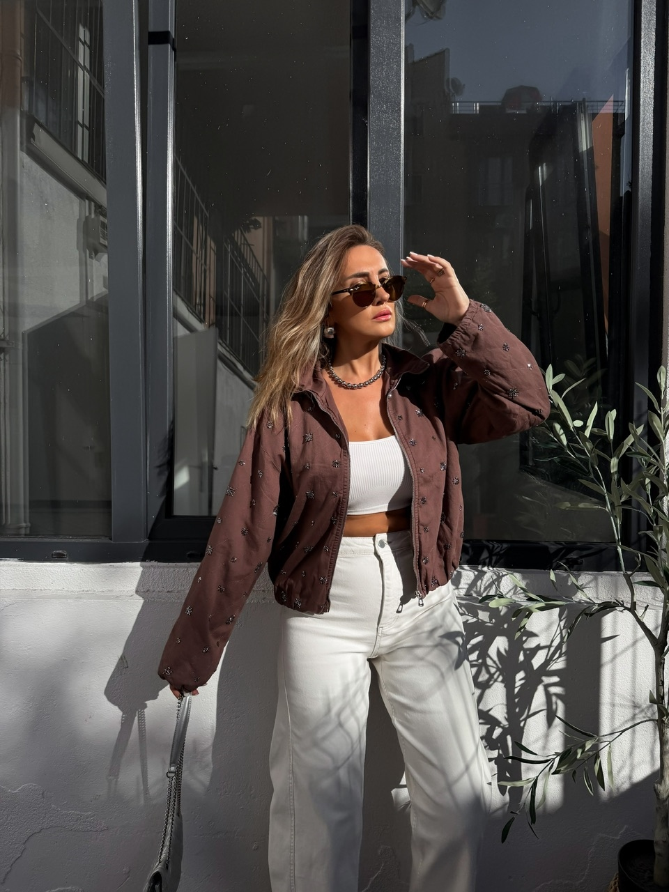 Kahve Taşlı Bomber Denim Ceket