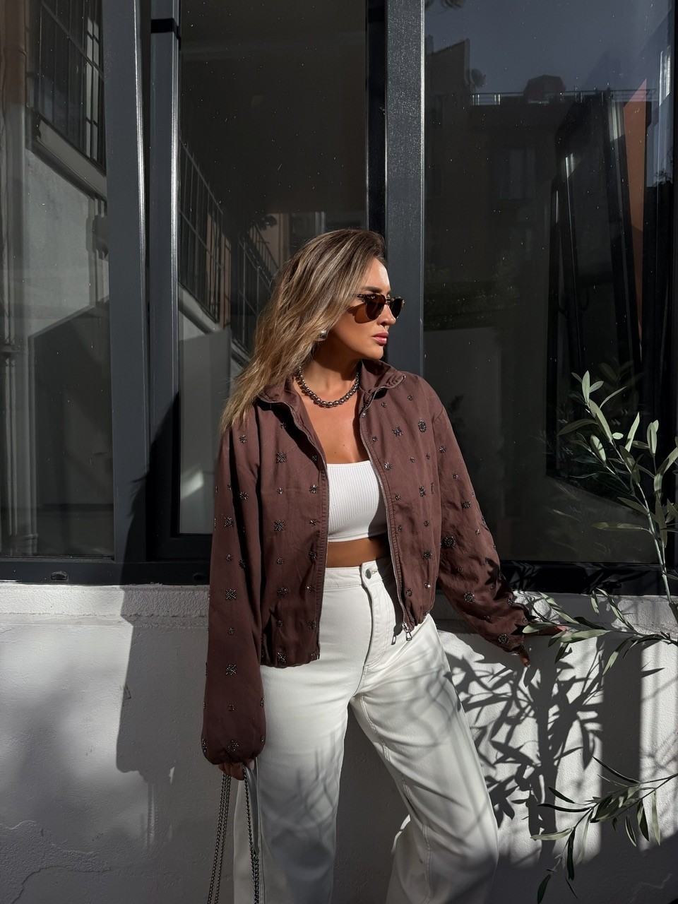 Kahve Taşlı Bomber Denim Ceket