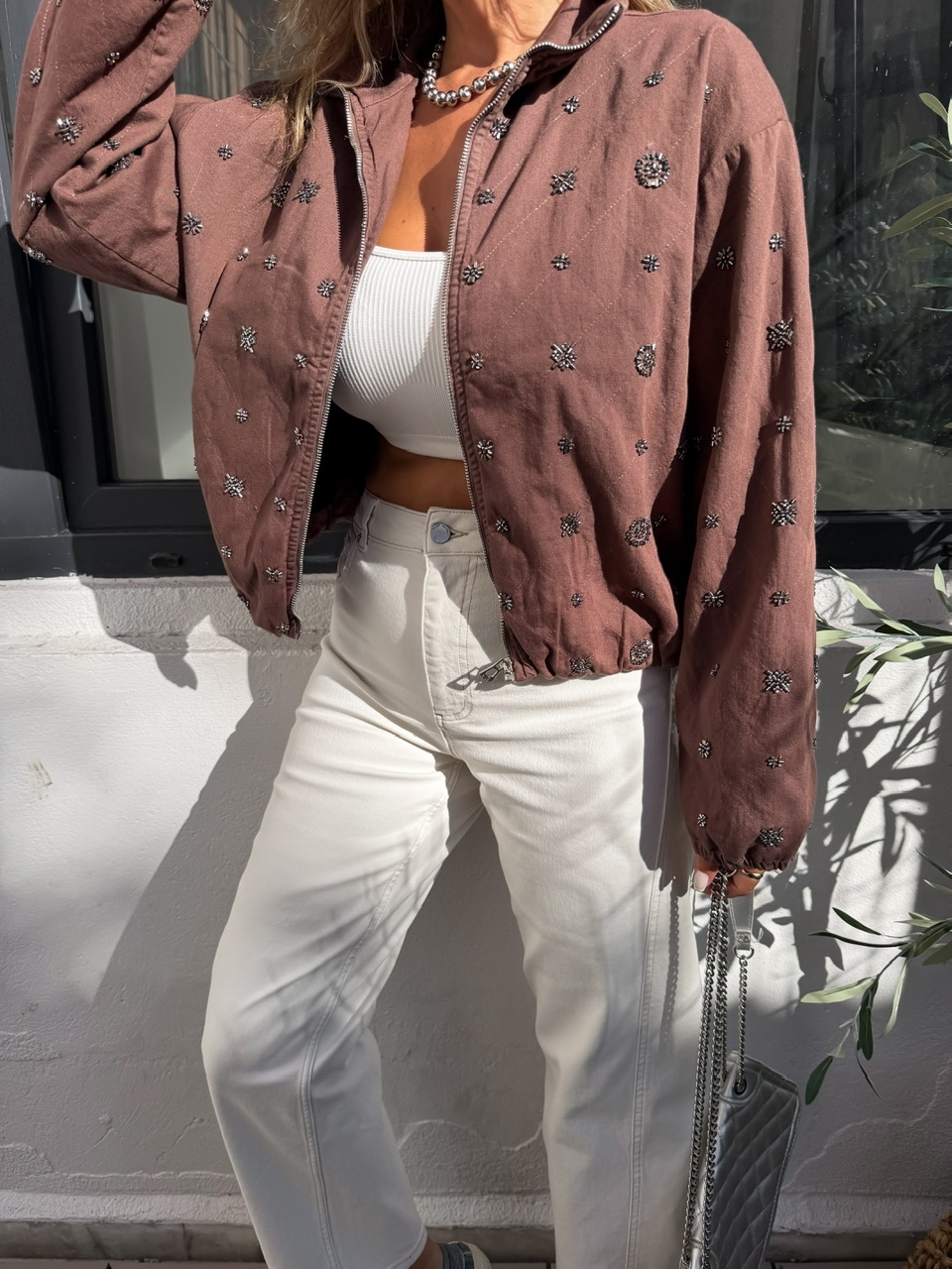 Kahve Taşlı Bomber Denim Ceket