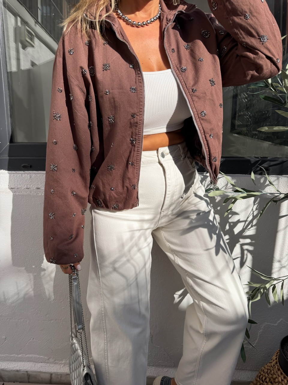 Kahve Taşlı Bomber Denim Ceket