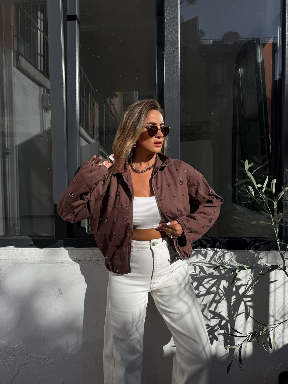 Kahve Taşlı Bomber Denim Ceket
