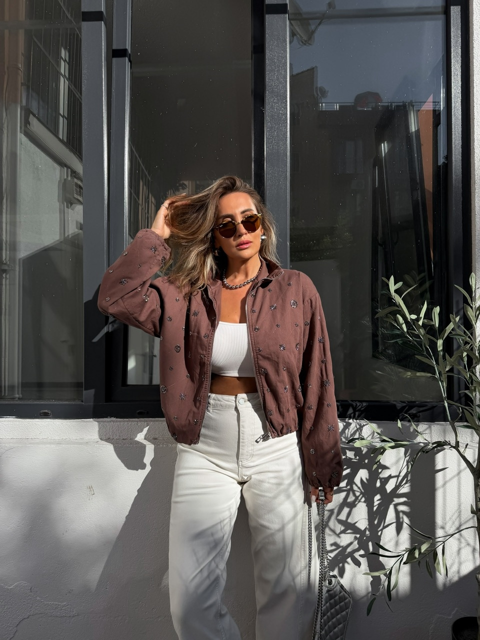 Kahve Taşlı Bomber Denim Ceket