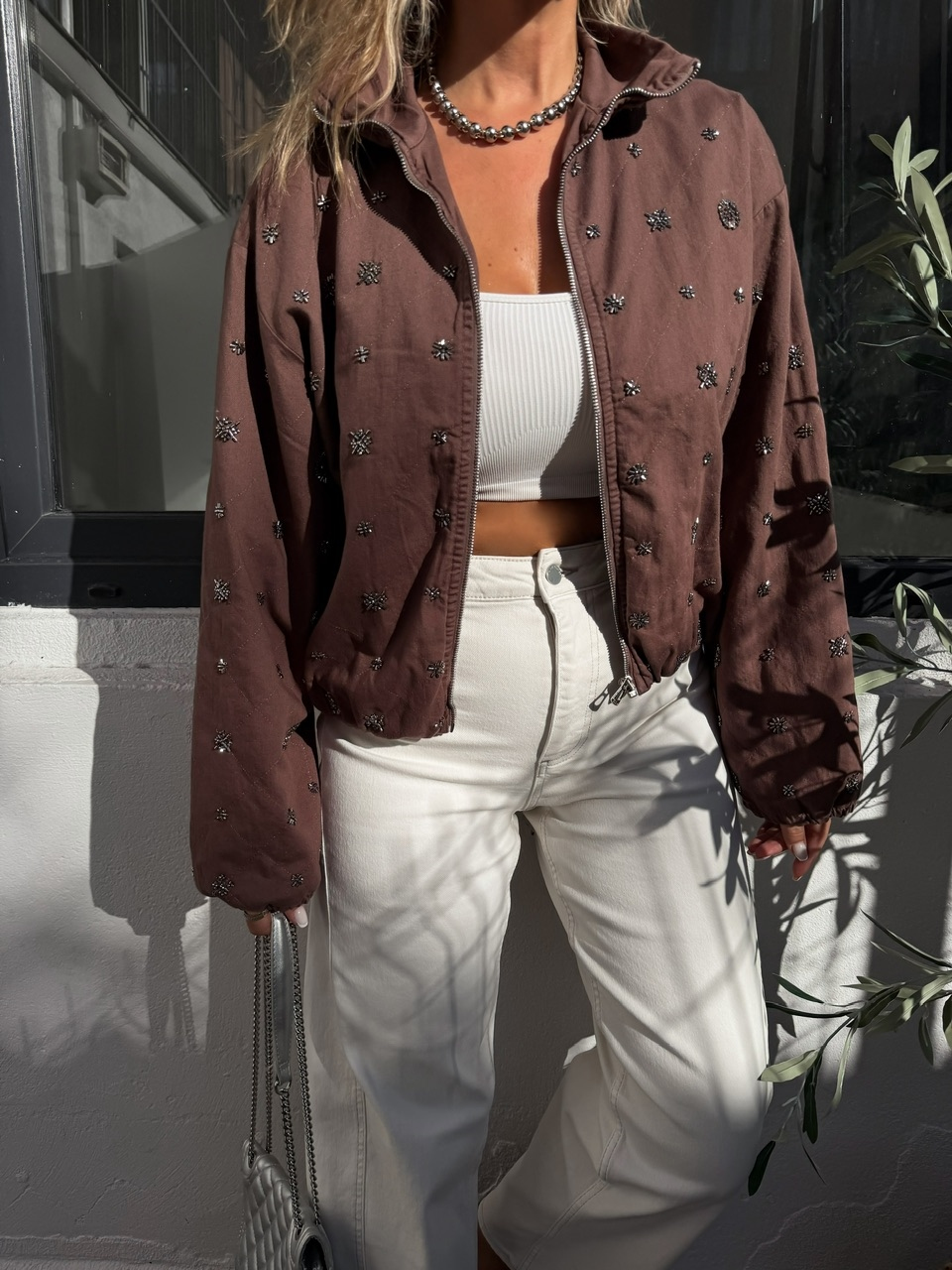 Kahve Taşlı Bomber Denim Ceket