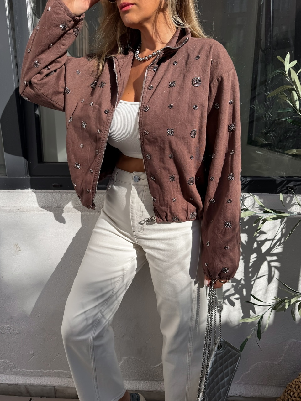 Kahve Taşlı Bomber Denim Ceket