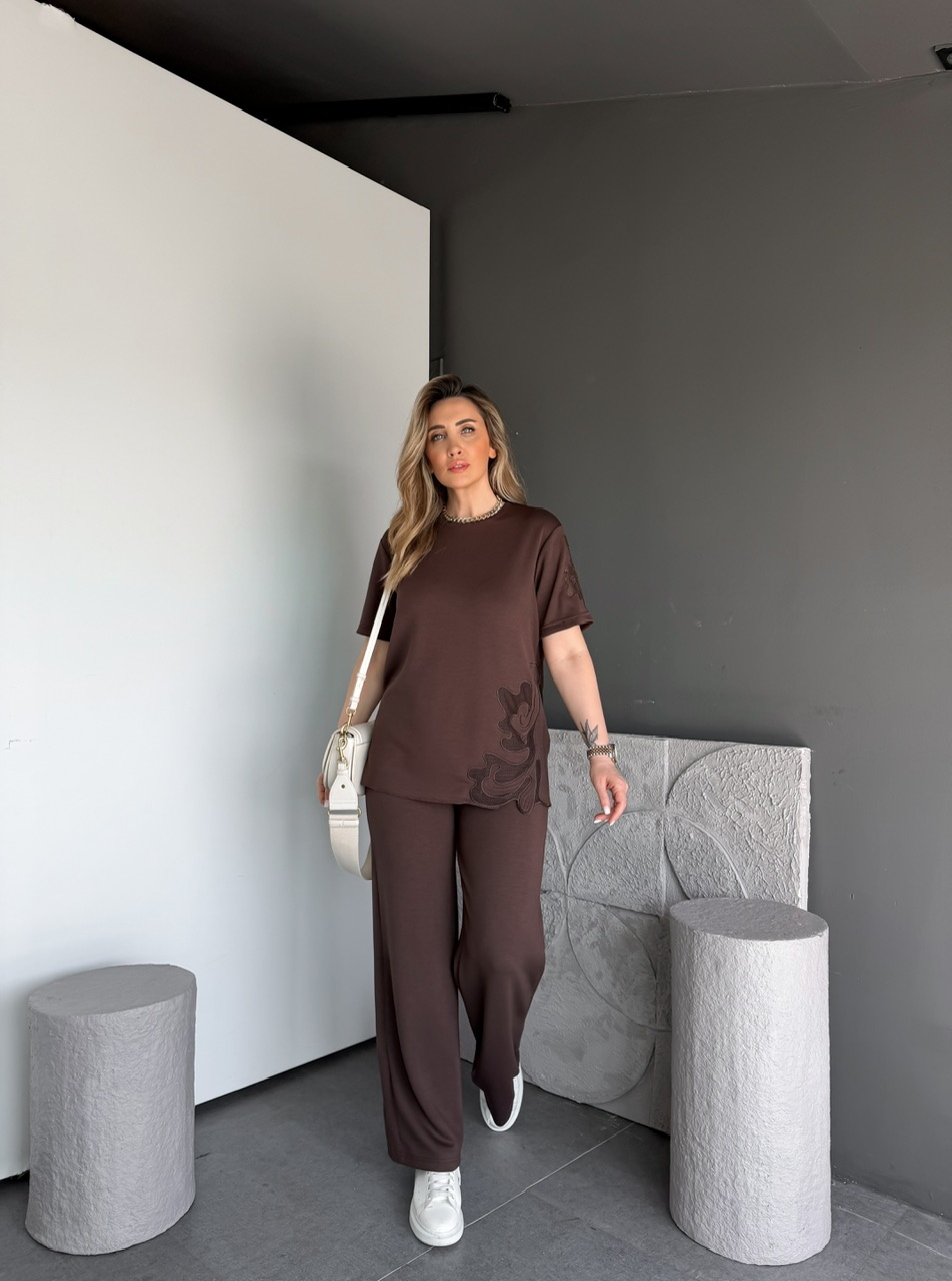 Kahve Tek Yanı Nakışlı Modal Takım