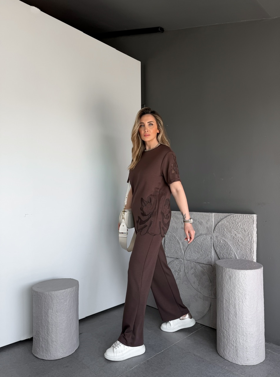 Kahve Tek Yanı Nakışlı Modal Takım