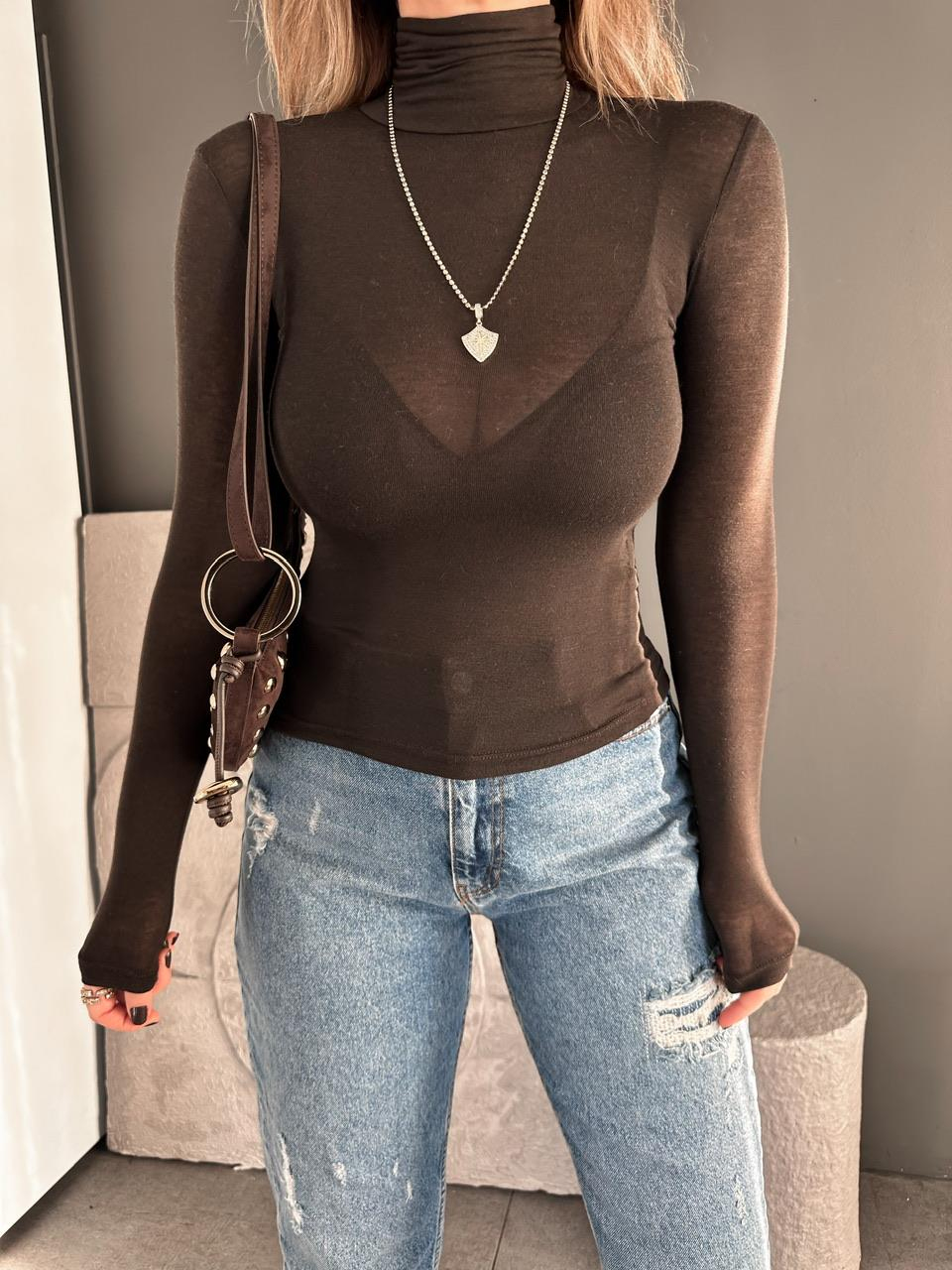 Kahve Transparan Likralı Body